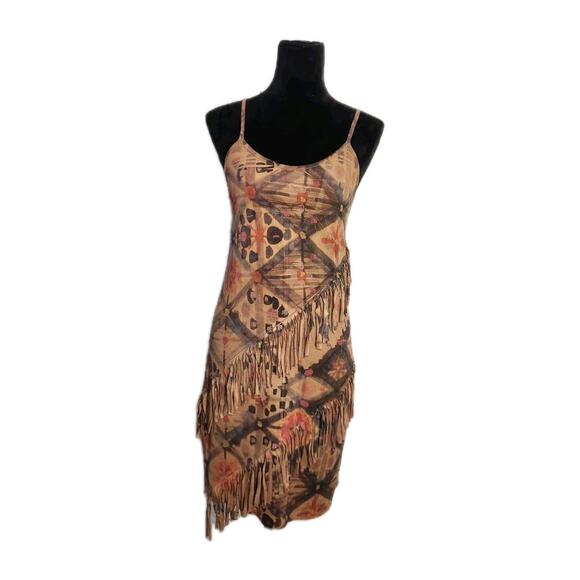 Y2K Kimika Ethnic Tribal Faux suede Shift Mini Dress w/ Fringe Euro Summer M - Picture 1 of 9